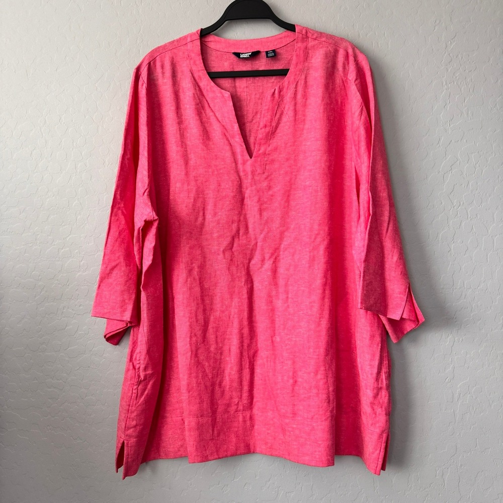 Lands' End XXL Tunic Pink 3/4 Sleeve 100% Linen Blend V-Neck Pockets Top